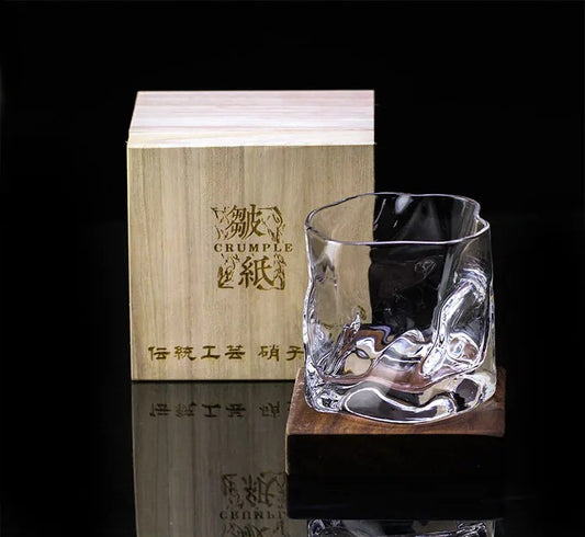 Japanese-Style Whisky Glass – Crumpled Paper (w/ Wooden Box, Set of 2)