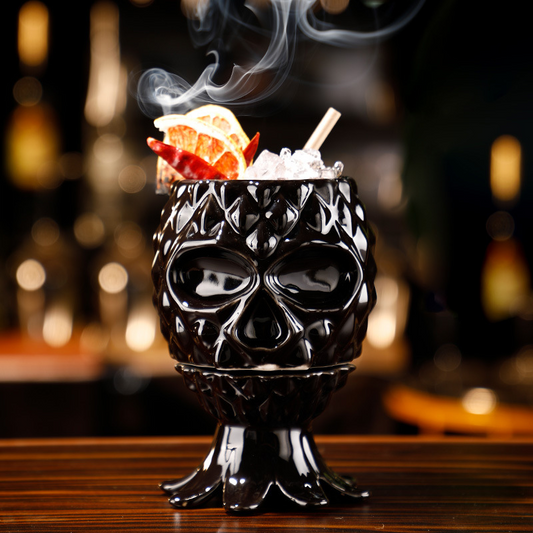 Schwarzes Tiki-Glas – Schädel mit Ananaskrone
