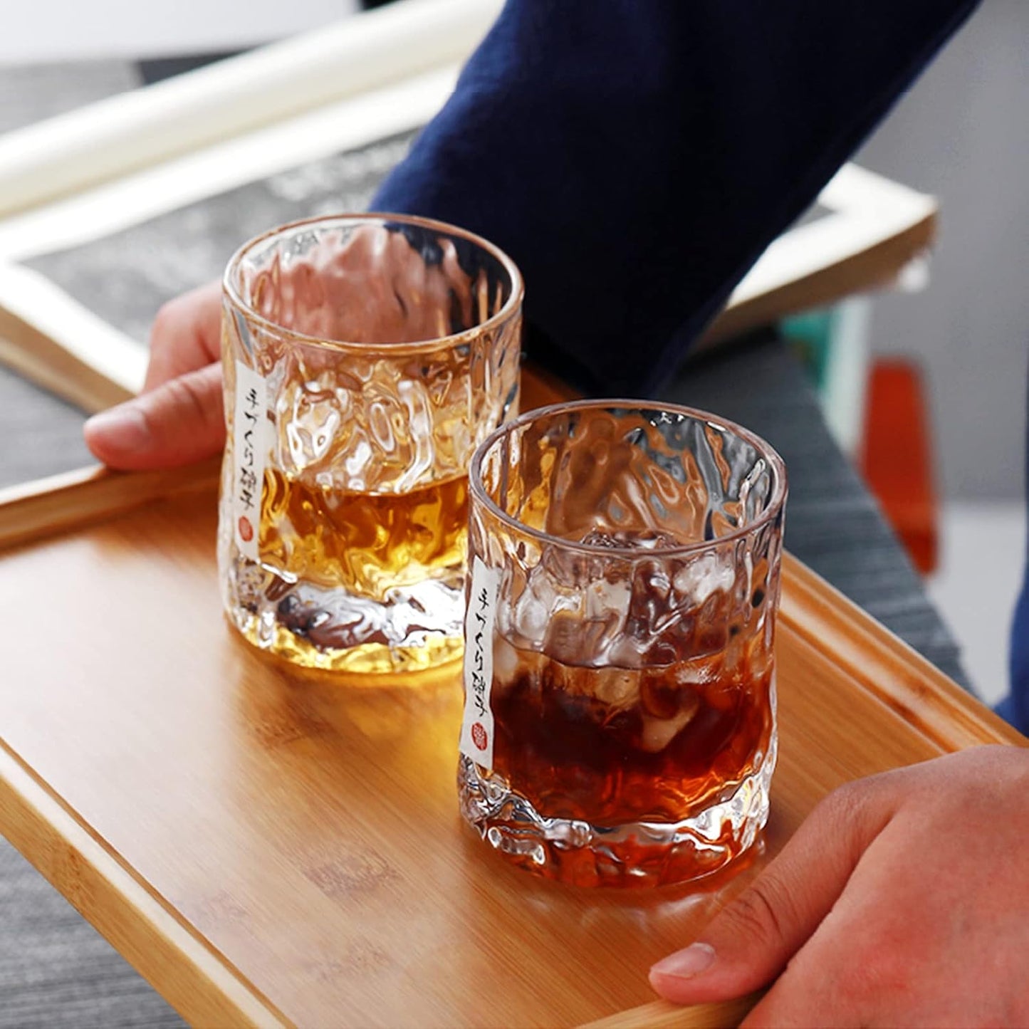 Japanese-Style Whisky Glass – Natural Stone (w/ Wooden Box, Set of 2)