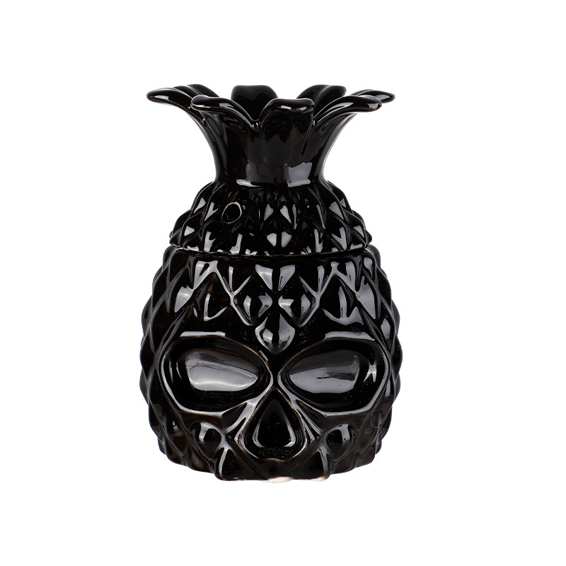 Schwarzes Tiki-Glas – Schädel mit Ananaskrone