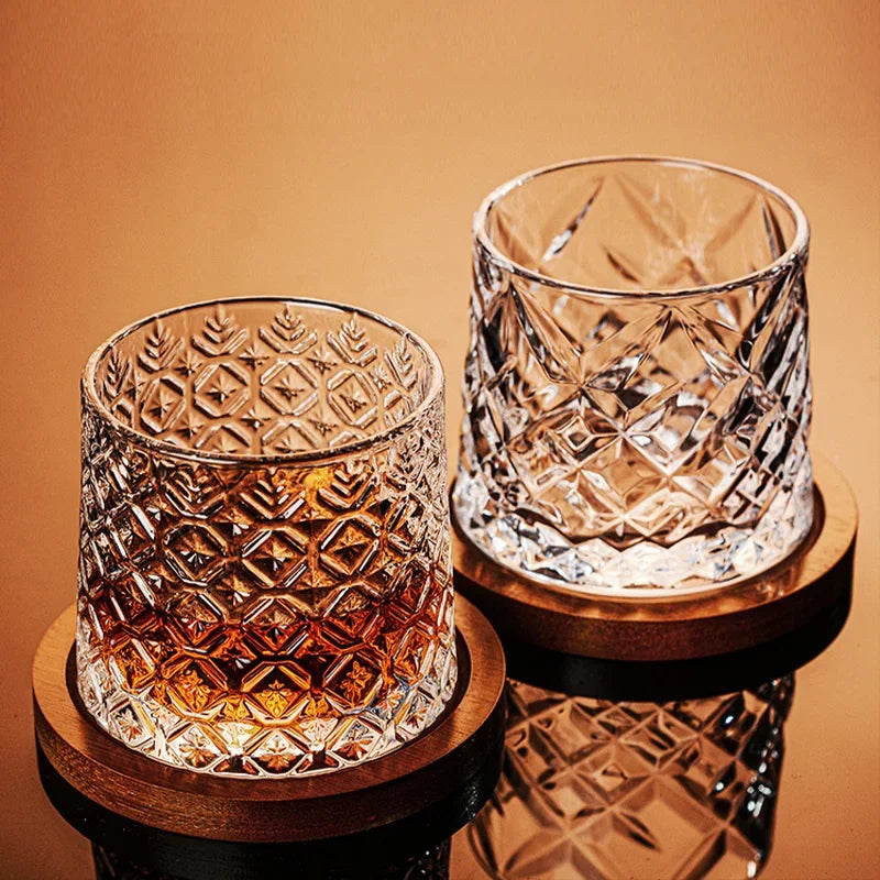 Rotating Whisky Glass with Wooden Base (Set of 2)